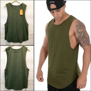 YoungLA Men's (Unisex) Elongated Rounded Hem Muscle Tank in Olive Green Size M